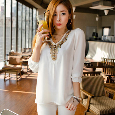 

ETOSELL Fashion Design Women Long Sleeve Blouse Shirts Beading V-Neck Autumn Female Chiffon Blouse Femininas Ropa Mujer