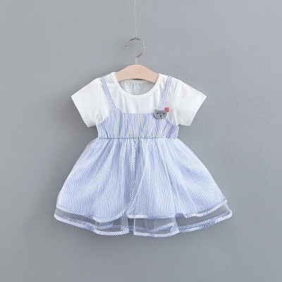 

Children Girls Dress Summer Cute Striped Print Fake Two Piece Bottoming Short Sleeved Sweet Princess Dress