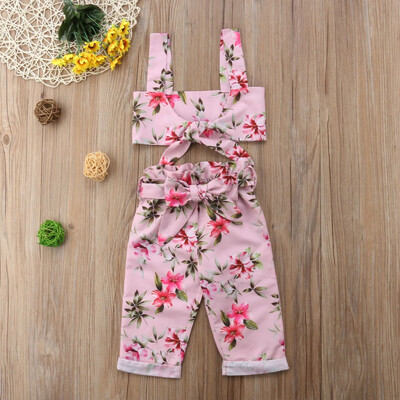 

2pcsset Children Baby Girl Set Summer Fashion Concise Flower Pattern Tube Top&Sweet Bow-knoted Decor Long Pants Girls Set