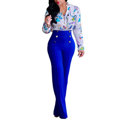 

Women Casual Stretch Trousers Female Solid Elastic Work High Waist Decorative Buttons Loose Slim Straight Pants Women 5 Colors