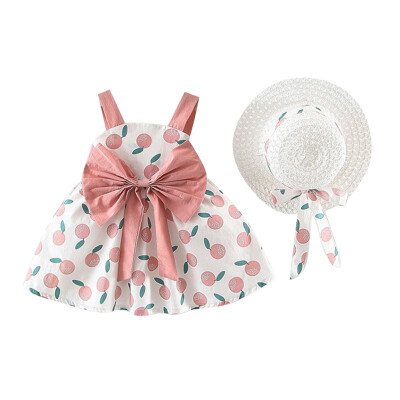 

Baby Girls Dress With Hat Toddler Fruit Pattern Sleeveless Strap Dresses Casual Sundress With Hat