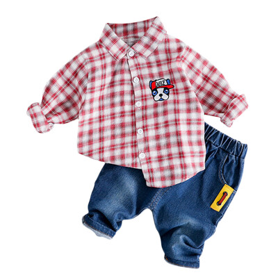 

Toddler Newborn Boy Autumn Outfits Long Sleeve Plaid Print TopDenim Trousers Casual Sets