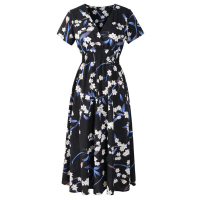 

Ladies Floral Dress Chiffon Beach Dress Print V-neck Short Sleeve Dress Bohemian Skirt