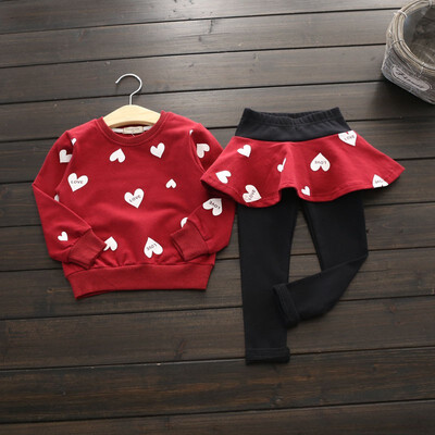 

2017 Baby Girls clothes Sets Spring Kids Girls Heart Printed Long Sleeve T-shirt TopsSkirtpants Children 2 Pcs Clothing Set