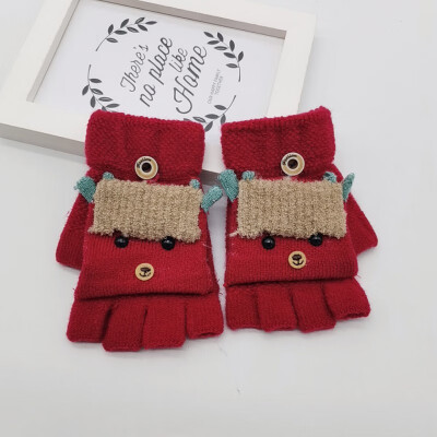 

4-8T Baby Children Kids Gloves Winter Cartoon Versatile Cotton Knitt Half-finger Gloves Mittens Warm