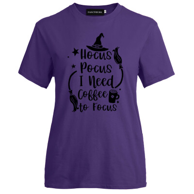 

Women Fashion Short Sleeve Coffee And Witch Hat Printed T-Shirt Casual Letter Printed Hocus Pocus Halloween Graphic Tee Shirt