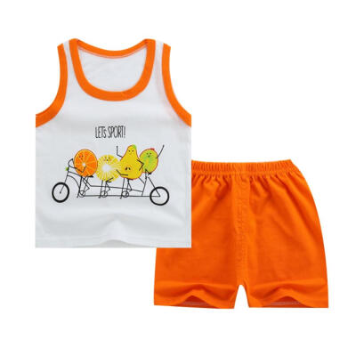 

Summer Cotton Kids Casual Outfits Set-Sleeveless Cartoon Printed T-shirt And Pure Colored Short Pants 2-7T