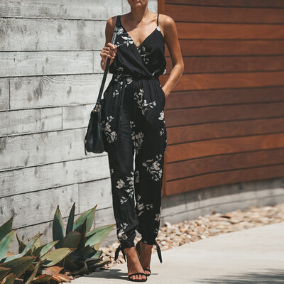 

EFINNY Womens Spaghetti Strap V Neck Floral Print Jumpsuit Split Beam Foot Pants Jumpsuit Rompers Lace Up Woman Jumpsuits