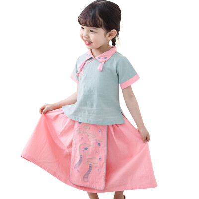 

Summer Baby Girl Vintage Flower Embroidery Short Sleeve Cotton T-shirt Blouse Skirts Casual Outfits Set