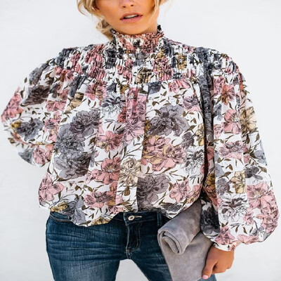 

Shirr High Neck Floral Module Long Bishop Sleeves Blouse