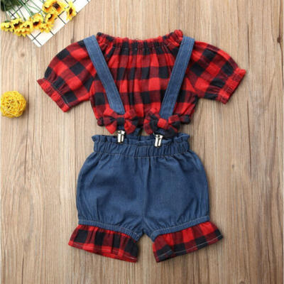 

Christmas Toddler Baby Girls Clothes Plaid Tops Denim Pants Overalls Outfits
