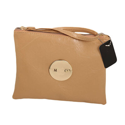 

Fashion Women Solid Color Signature Badge Disc Faux Leather Wristlet Clutch Bag