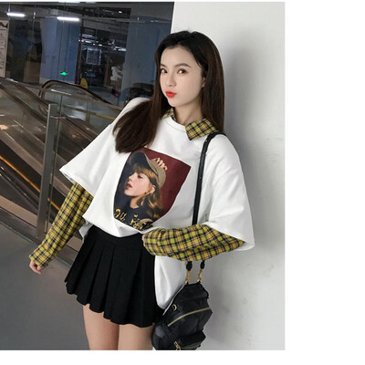 

New fashion casual plaid stitching print fake two long sleeve loose bottoming shirt womens shirt plaid stitching shirt women1