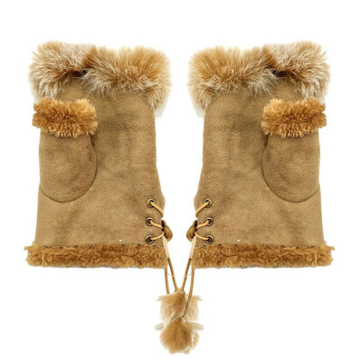

Womens Thick Plush Fingerless Gloves Mittens Cute Solid Winter Faux Fur Half Finger Gloves Fur Lined Coral Fleece String Gloves