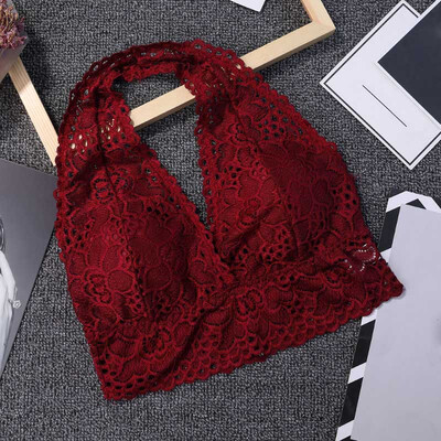 

Sexy Detachable Chest Pad Lace Print Patchwork Camisole Women Deep V-Neck Solid Color Halter Sleeveless Ladies Underwear