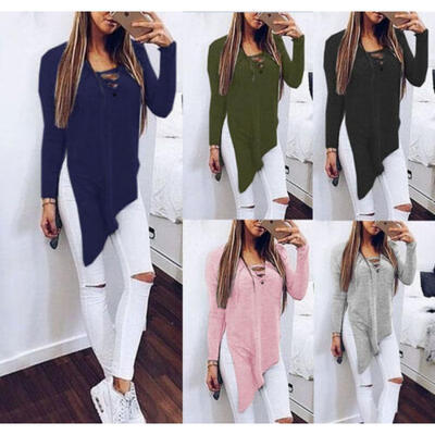 

US Women T-shirts Long Sleeve V Neck Tops Irregular Party Shirt Loose Blouse