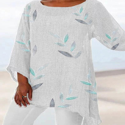 

Leaf Printed Trim Long Sleeve Round Neck Top