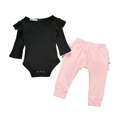 

Autumn Baby Girl Casual Solid Print Long Sleeve Cotton Romper Tops Pants Outfits Set