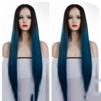 

Tailored Womens Fashion Front lace Wig Blue Synthetic Hair Long Wigs Wave straight Wig