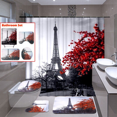 

Retro Paris Eiffel Tower Style Waterproof Bathroom Shower Curtain 3-Pieces Toilet Cover Mat Non-Slip Rug Set