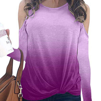 

Women Autumn Fashion Casual All-match Loose Gradient Print Knit Decoration Long Sleeve Off-shoulder Slim T-shirt Top