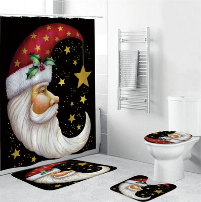 

Tailored 4Pcs Christmas shower Curtain Bathroom Anti-slip Carpet Rug Toilet Cover Mat Set