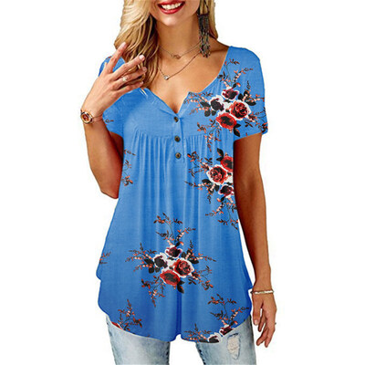 

Summer Women Flower Print Button V Neck Short Sleeve T-Shirt Pleated Loose Top