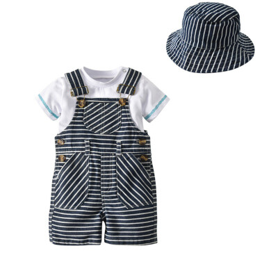 

Summer Baby Boy Clothes Set Short Sleeve T-Shirt Tops Casual Stripe Strap Pants Hat Outfits Set 3pcs