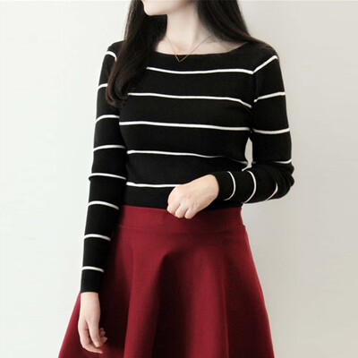 

One-Shoulder Knit Sweater Female Striped Pattern Long Paragraph Bottoming Shirt Korean Style Autumn New Style Comfortable