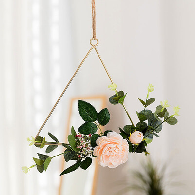 

Novelty Home Kitchen Wall Art Decoration Floral Gold Metal Geometric Hoop Wreath Artificial Flower Garland Hanging Pendant Decor