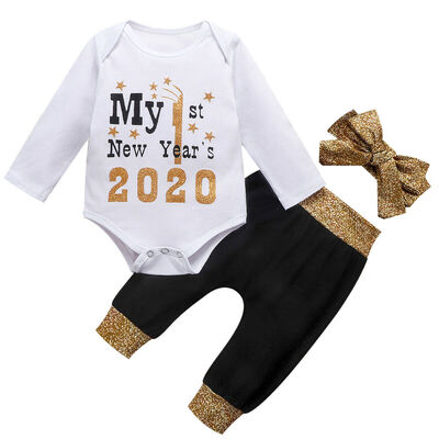 

My 1st New Year Gift Newborn Baby Boys Girls Romper Pants Outfit Clothes 3PCS