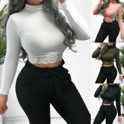 

US Women Ladies High Collar Lace Crop tops T-Shirt Long Sleeve Slim Top Bodysuit