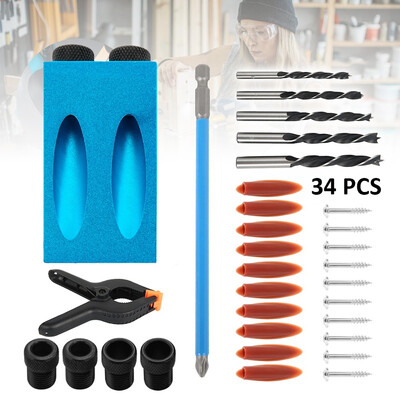 

1430 34PCS Pocket Hole Screw Fixture Positioning Pin Drill Bit Joinery Kit