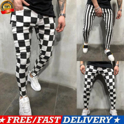 

2019 Mens Slim Pants Striped Plaid Comfort Tights Fitness Jogging Casual Pants