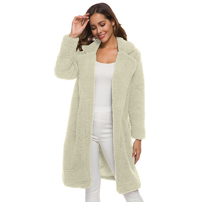 

Women Autumn Winter New Open Stitch Coat Trun-down Collar Solid Color Long Sleeve Long Warm Coat