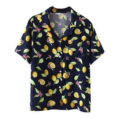 

Summer Short Sleeve Print Women Blouses Turn Down Collar Loose Casual Tops Ladies Pineapple Cherry Print Shirt Women Clothing