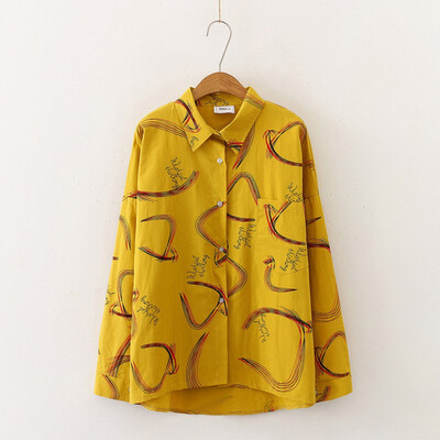 

2019 Autumn Print Women Vintage Blouse Casual Ladies Turn Down Collar Office Blouse Autumn Long Sleeve Female White Tops