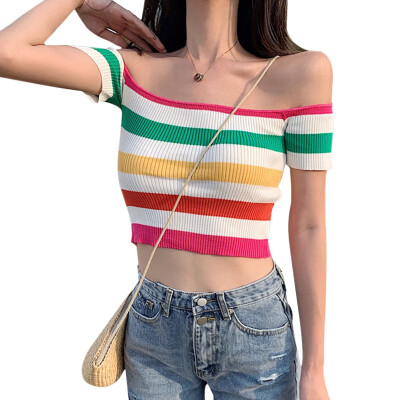 

Gril Korean Crop Tops Cotton Rainbow Printed Short Sleeve Tee Sexy Slash Collar T Shirts Kawaii Loose Streetwear