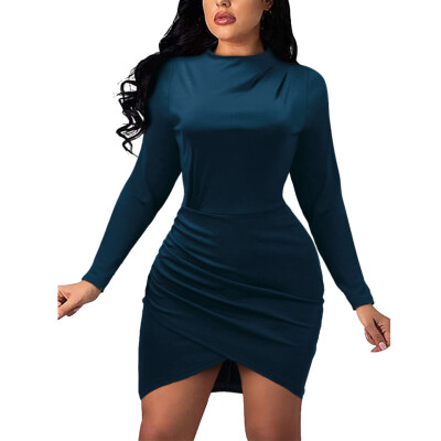 

Tailored Women Sexy Autumn Fashion O-Neck Irregular Long Sleeve Pure Color Dress