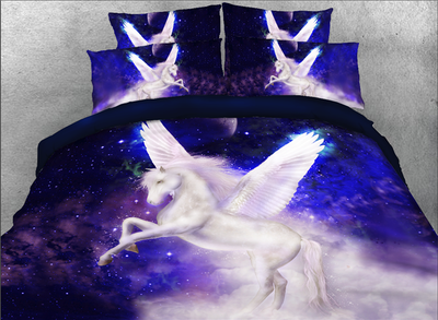 

White Unicorn with Wings Printed Cotton 4-Piece 3D Bedding Sets