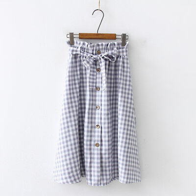 

Sweet Button Plaid Print Bow Lace Up Skirt Women Vintage Literary Style Elastic High Waist Wild A Word Long Skirt Womens