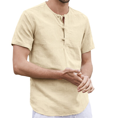 

New Men Fashion Short Sleeve Linen T-Shirt Casual Solid Color Male Retro T-Shirt Blouse Top