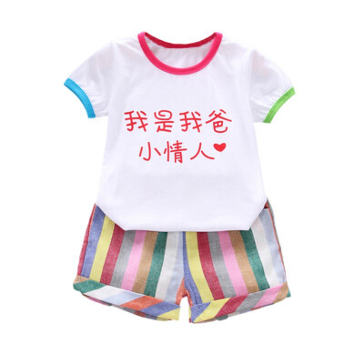 

Children Baby Girls Casual Chinese Character Pattern Short Sleeve Tops T-shirtStripe Shorts Suits Costume Set