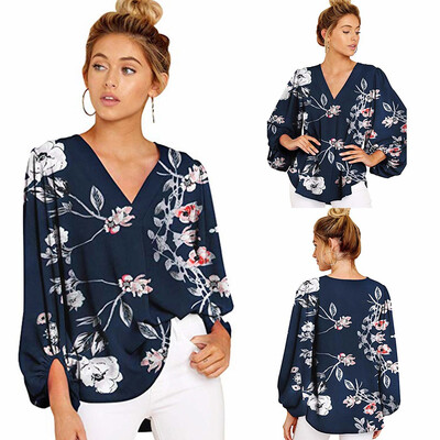 

Tailored Fashion Women Lantern Long Sleeve V Neck Print Blouse Loose Street Pullover Tops