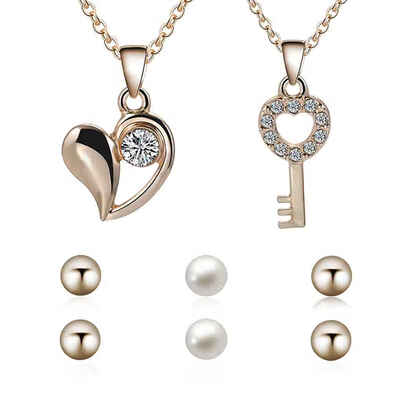 

Lovely Heart Shape Pendant Women Necklace Girl Sparkling Rhinestone Key Chain with Pearl Earrings for Wedding