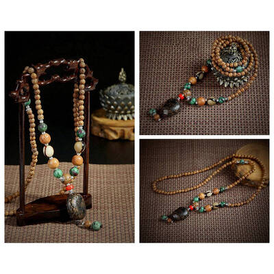 

Handmade Nepal Jewelry Buddhist Mala Wood Beads Pendant Necklace Ethnic Horn Fish Long Statement Necklace For Women Men