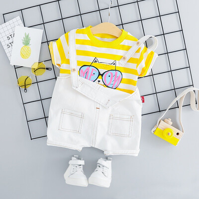 

Rainbow Stripe T-shirt For Girls Clothes Set Summer T-shirt Round Collar Casual TopsBib Pants Fashion Girls Clothes Set