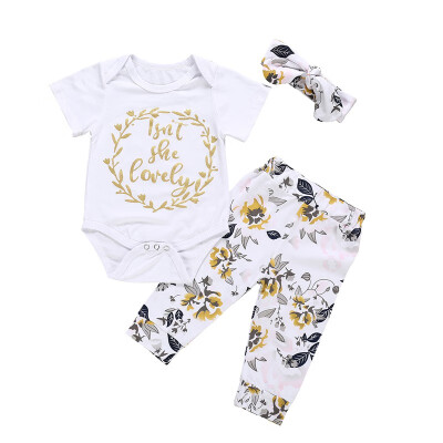 

Summer Baby Girl Adorable Flare Sleeve Romper Tops&Floral Trousers with Headband 3pcs Children Kids Toddler Outfits Clothes