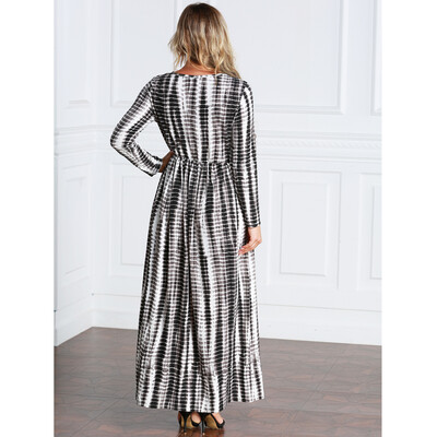 

Casual Women Plus Size Stripe Printed Dress Big Size O-Neck Ankle-Length Long Maxi Dress Black
