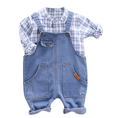 

Baby Boy Clothes 2pcs Casual Kids Clothes Sets Autumn Long Sleeve Plaid Print Shirt BlouseStrap Denim overalls Trousers Spring